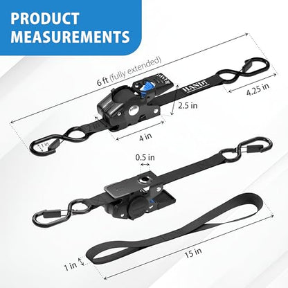 USA Based Retractable Ratchet Straps (1in x 6ft - 4 Pack / Black)