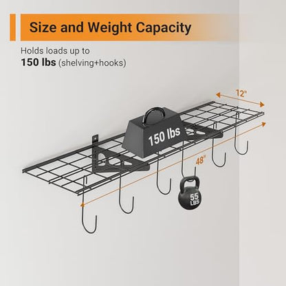 1 Pack 1x4 ft Garage Shelving with 6 Bike Hooks (Black / 1 pack-1x4 ft)