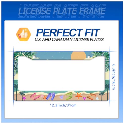 Summer Beach License Plate Frame Stainless Steel Car Accessory 6x12 Inch (Funny Summer Beach With Flip Flops)