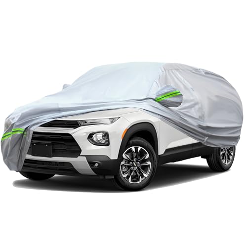 6 Layers Premium Full Car Cover Hard Shell Zipper Design Waterproof All Weather Weatherproof UV Sun Protection Snow Dust Storm Resistant Outdoor with Straps (Green reflective strip / SUV-M ( Fit for SUV UP to 180" ))