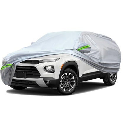 6 Layers Premium Full Car Cover Hard Shell Zipper Design Waterproof All Weather Weatherproof UV Sun Protection Snow Dust Storm Resistant Outdoor with Straps (Green reflective strip / SUV-M ( Fit for SUV UP to 180" ))