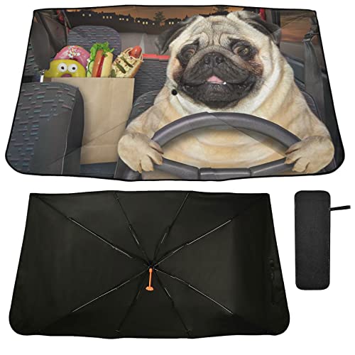 Fun Pug Dog Driving Windshield Sun Shade Umbrella Foldable Car Front Window Sunshade Blocks UV Rays Heat Keep Vehicle Cool (multi 26)