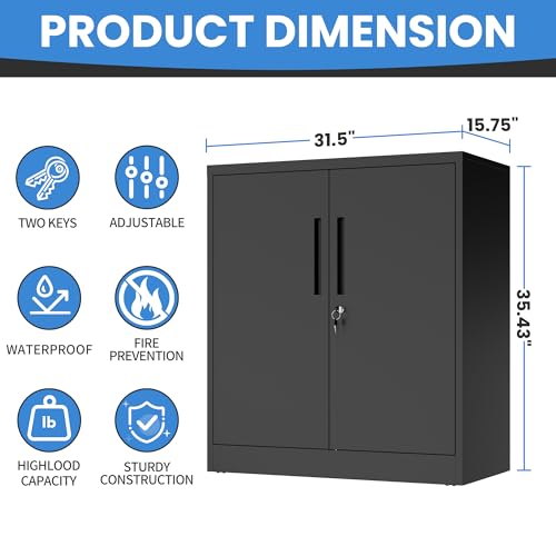 Metal Storage Cabinet for Garage (Black / M - 2 Doors & 3 Shelves (Wheelless))