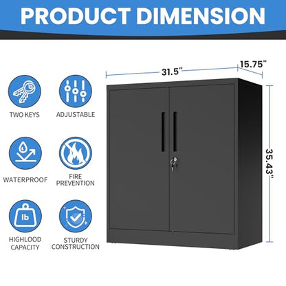 Metal Storage Cabinet for Garage (Black / M - 2 Doors & 3 Shelves (Wheelless))