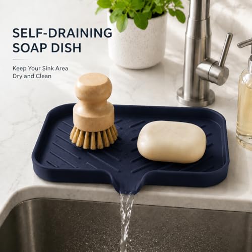 Silicone Soap Dish with Drain Spout (Navy Blue / M(9.6"×5.3"))