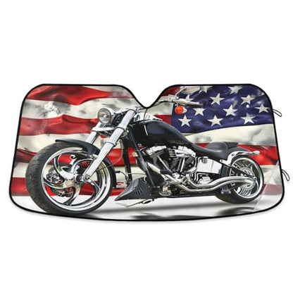 Car Windshield Sun Shade Black Motorcycle with American Flag Foldable Car Front Windshield Sunshade Blocks UV Rays Sun Visor Sun Heat Protection for Car Truck SUV to Keep Your Vehicle Cool (Medium / Motorcycle with American Flag)