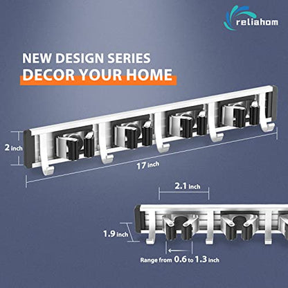 Broom Holder Wall Mount Mop Hanger Tools organizer 4Racks 5Hooks (Black)