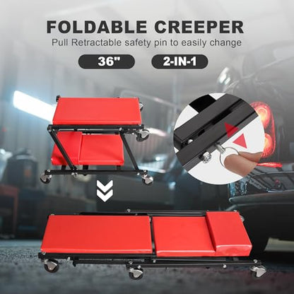 36" Rolling Foldable Car Creeper Automotive Creeper (Red Foldable Creeper)