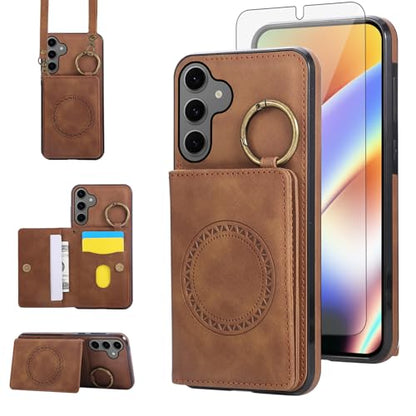 Compatible with Samsung Galaxy Samsung Galaxy S26 5G Wallet Case Screen Protector Crossbody Shoulder Strap Ring Buckle Stand Card Holder Magnetic Car Mount Phone Cover for S 26 26S Women Men Brown (Brown / for S26)