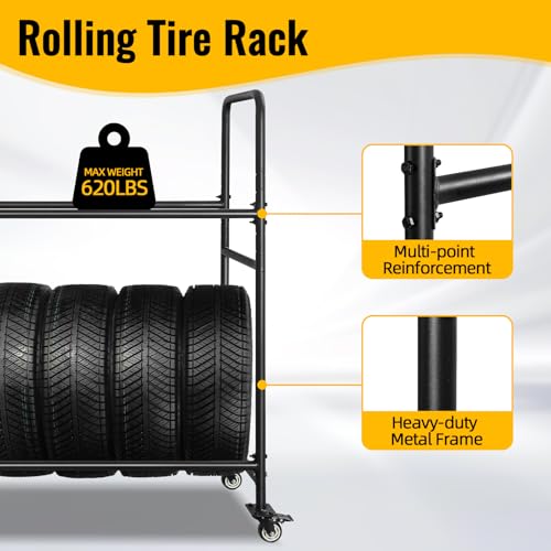 Tire Rack Adjustable Height Metal Rolling Storage Rack 60" x 59" x 21" for Garage