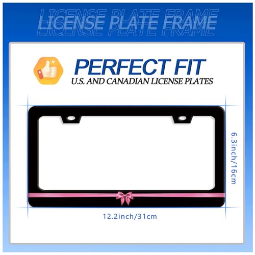 Pink Bow License Plate Frame Stainless Steel Accessory 12.3" x 6.3" (Cute Pink Pattern)