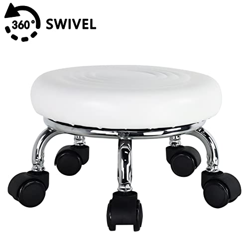 Roller Seat PU Leather Foot Stool Low Rolling Stool 360° Round Step Stool (White)