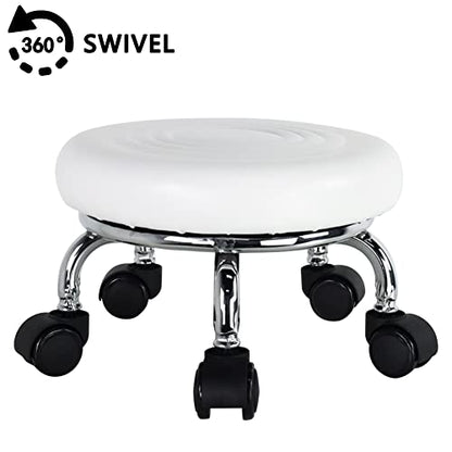 Roller Seat PU Leather Foot Stool Low Rolling Stool 360° Round Step Stool (White)