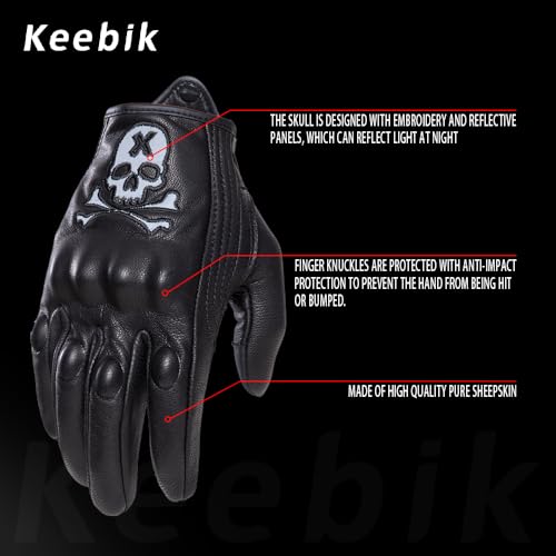 Goatskin Leather Motorcycle Motorbike Powersports Racing Gloves Reflective Skull Touchscreen for Men and Women Model (HEE12 / X-Small)