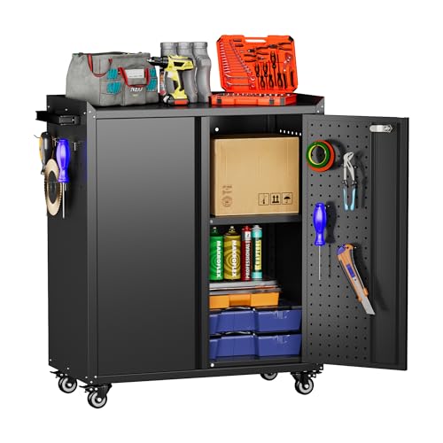 Garage Storage Cabinet with Wheels & Pegboard (Black / 13.8"D x 26"W x 34.3"H)