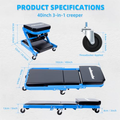 40-Inch 3-in-1 Mechanic Creeper Z Seat, 480 lbs Capacity, Blue (Blue)