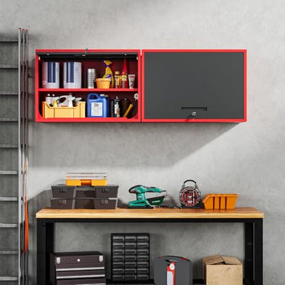 Metal Garage Wall Cabinet with Doors and Shelves (16"D x 32"W x 22"H / Red Black)