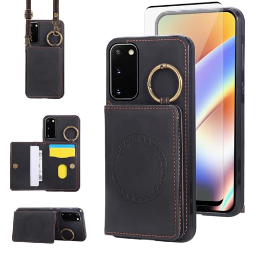 Compatible with Samsung Galaxy S20 Plus S20+ 5G Wallet Case Screen Protector Crossbody Shoulder Strap Ring Buckle Stand Card Holder Magnetic Car Mount Phone Cover for S20+5G S20plus Women Men Black (Black / for S20 Plus)