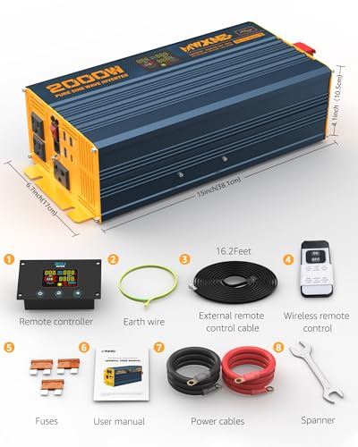 2000W Pure Sine Wave Power Inverter DC 12V to 110V 120V AC with 4 Quick Charging USB Ports& 3 AC Outlets Power Inverters for Vehicles RV Truck Home with LCD Display and Remote Controller (2000W- 12V)