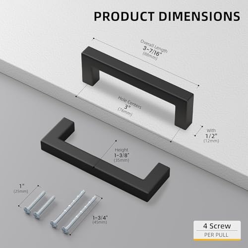 10 Pack Black Square Bar Cabinet Pull Drawer Handle Stainless Steel Modern Hardware for Kitchen Bathroom Cabinets Cupboard (Matte Black / 3 Inch Hole Centers)