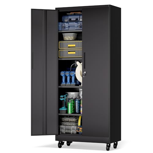 Metal Storage Cabinet for Garage (Black / L - 2 Doors & 5 Shelves (Wheeled))
