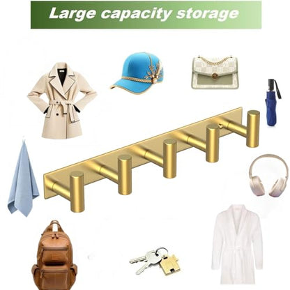 Wall Mounted Coat Rack ("T" Shape 5 Hooks - 1 Pack / Gold)