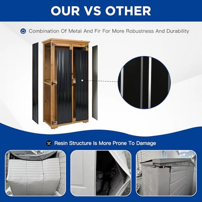 Outdoor Storage Cabinet Wood & Metal with Waterproof Roof (15.6"D x 32.3"W x 66"H)