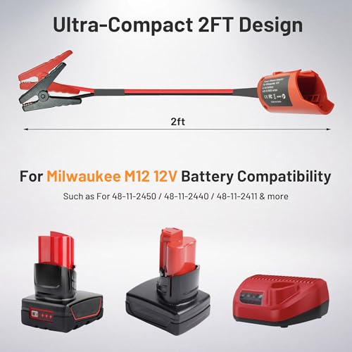 Jumper Cables Adapter for Milwaukee M12 12V Battery (2FT 8AWG)