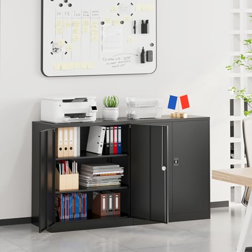 Small Metal Storage Cabinet with Doors and Shelves (36"H x 31.5"W x 16"D / Black)