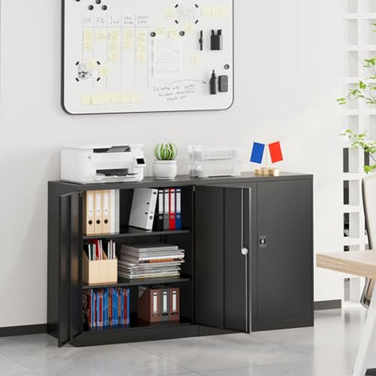 Small Metal Storage Cabinet with Doors and Shelves (36"H x 31.5"W x 16"D / Black)