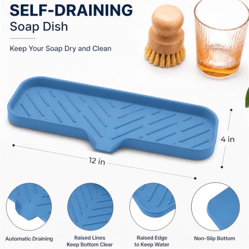 Silicone Soap Dish with Drain Spout (Lichen Blue / L(12"×4"))