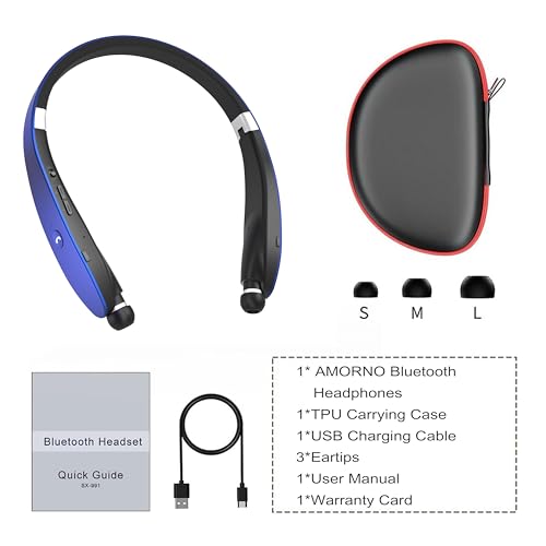 Foldable Bluetooth Headphones Wireless Neckband Headset with Retractable Earbuds (Blue)