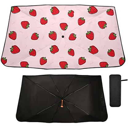 Cute Strawberry Pink Windshield Sun Shade Umbrella Foldable Car Front Window Sunshade Blocks UV Rays Heat Keep Vehicle Cool (multi 3)