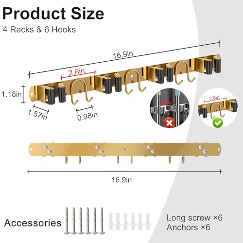 Mop Broom Holder Wall Mount (Gold-2 Pack)
