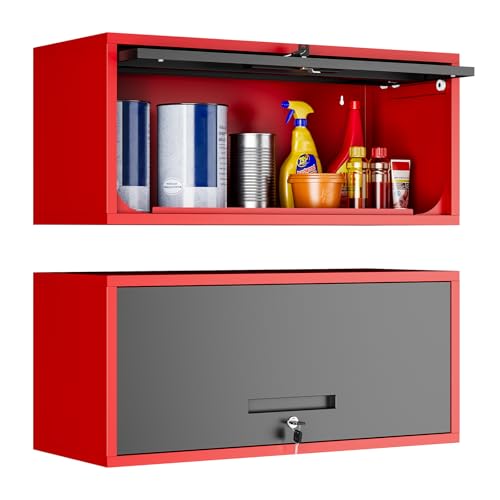 Metal Wall Cabinet with Doors (13"D x 32"W x 14"H / Red Black)