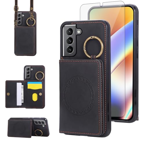 Compatible with Samsung Galaxy S22 5G Wallet Case and Screen Protector Crossbody Shoulder Strap Ring Buckle Stand Card Holder Magnetic Car Mount Phone Cover for S 22 22S 4G G5 6.1 inch Women Men Black (Black / for S22)