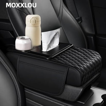 5-in-1 Car Center Console Armrest Cover Pad, Multifunctional Car Arm Rest Organizer with Cup Holder, Tissue Slot & Side Storage Pockets, Soft Leather Auto Armrest Cushion, Black (Black)