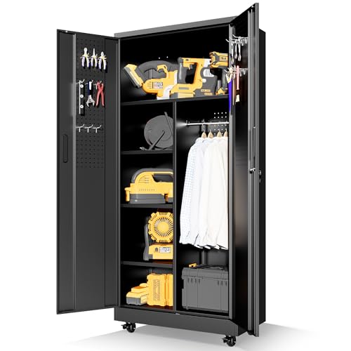 Metal Storage Cabinet for Garage (Black / L - 2 Doors & Hanging Rod (Wheeled))