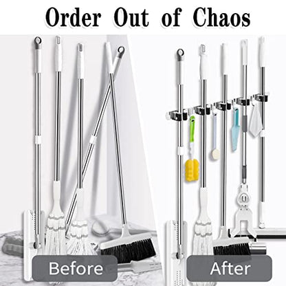 Broom Holder Wall Mount (5 Racks & 4 Hooks (Silver) - 1 Pack)
