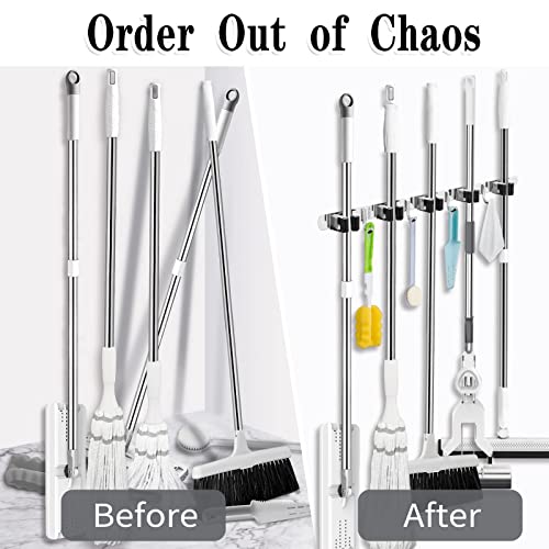2 Pack Broom Holder Wall Mount (5 Racks & 4 Hooks (Silver) - 2 Pack)