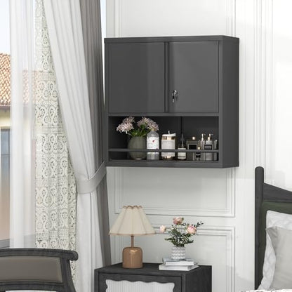 Locking Metal Garage Wall Cabinet with Doors and Shelf (Black / 31"H)