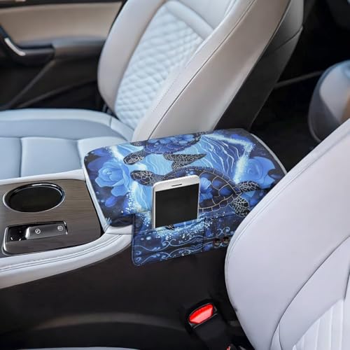 Sea Turtle Hibiscus Car Center Console Cover Soft Armrest Cover Cushion with Pockets Storage Bag Scratch Resistant Arm Rest Covering Middle Console Pad Car Decor (Sea Turtle Hibiscus Blue)