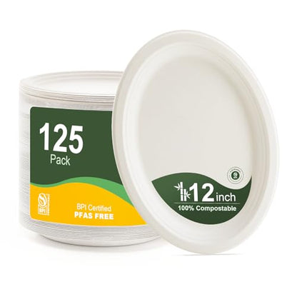 100% Compostable Oval Paper Plates 12 Inch (White / 12Inch（125 PCS）)