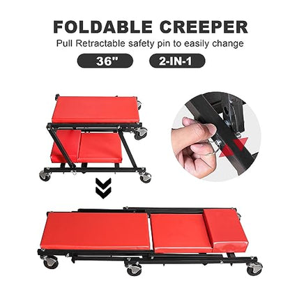 36" Rolling Foldable Automotive Creeper (Red Foldable Creeper)