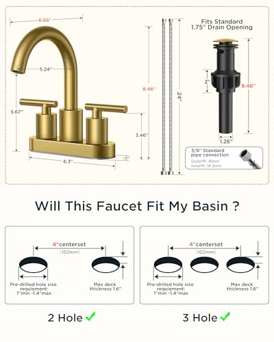 4" Brushed Gold Bathroom Sink Faucet 2 Hole (Brushed Gold)