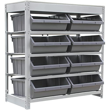 Bin Rack Boltless Steel Storage System Organizer with Plastic Bins (4 Tiers - 8 Bins)