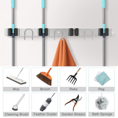 Mop Broom Holder Wall Mount (Silver-2 Pack)