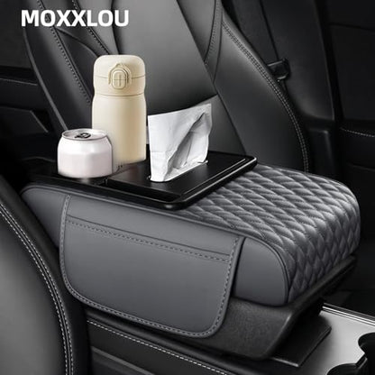 5-in-1 Car Center Console Armrest Cover Pad, Multifunctional Car Arm Rest Organizer with Cup Holder, Tissue Slot & Side Storage Pockets, Soft Leather Auto Armrest Cushion, Grey (Grey)