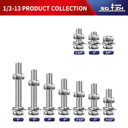 1/2-13 x 6 Hex Head Screw Bolt, Nuts, Flat & Lock Washers, 20Pcs 18-8 (304) Stainless Steel, Fully Threaded, by SG TZH (1/2-13 x 6" / Silver)