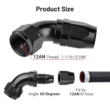 12AN 60 Degree One Piece Full Flow Hose End Fitting Swivel for CPE Braided Hose (12AN / 60 Degree)